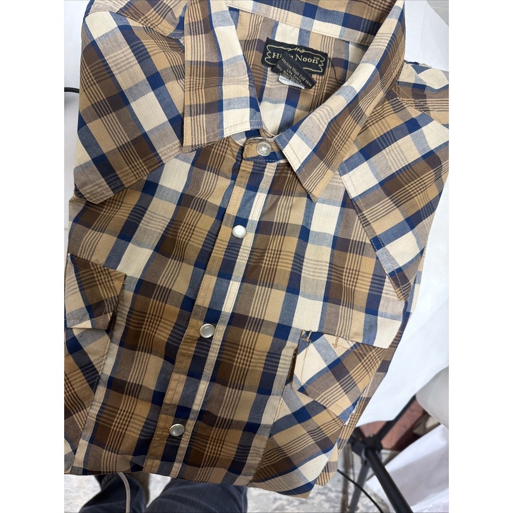 Vtg. Western Pearl Snap High Noon Mens Size XLg Casual Shirt Plaid SS Browns